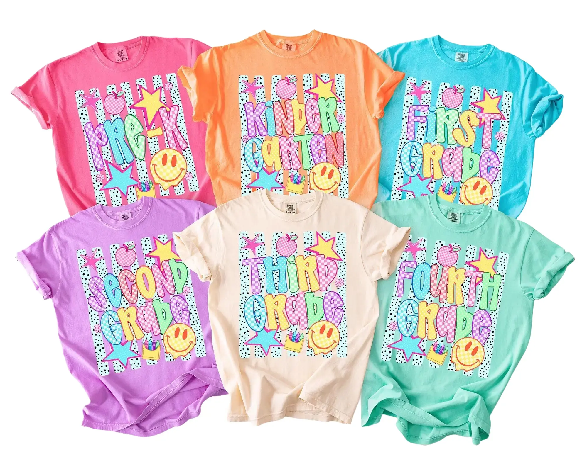 First Day of School Comfort Color Shirt, Back to School Tee, Kindergarten Shirt, First Grade Shirt, Second Grade Shirt, Colorful Smiley School Tee