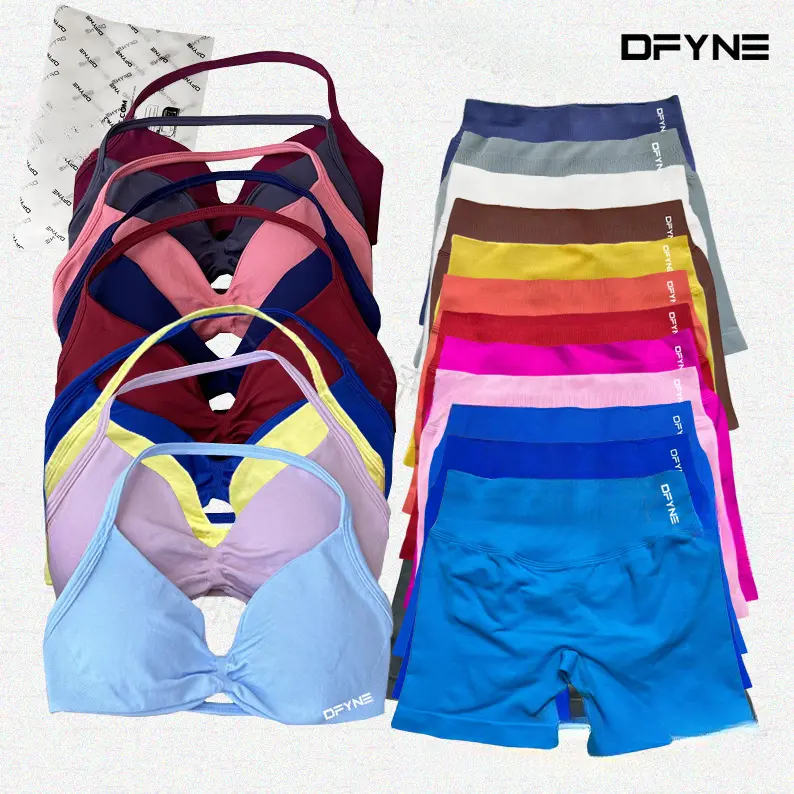 DFYNE Women's 2 Piece Seamless Workout Set - Halter Neck Ruched Sports Bra & High Waisted Biker Shorts Gym Outfit