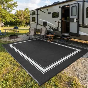 [GAOMON]Black&White Waterproof Outdoor Rug 9x18 Reversible Plastic Straw Rug Modern Patio Carpet, Foldable Lightweight RV Camping Mat with Portable Bag & 4 Stakes, UV Resistant & Sturdy for Picnic