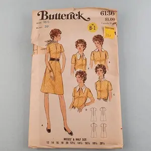 Butterick 6136 Vintage Sewing Pattern A-Line Dress Front Slit Neckline Women 16½