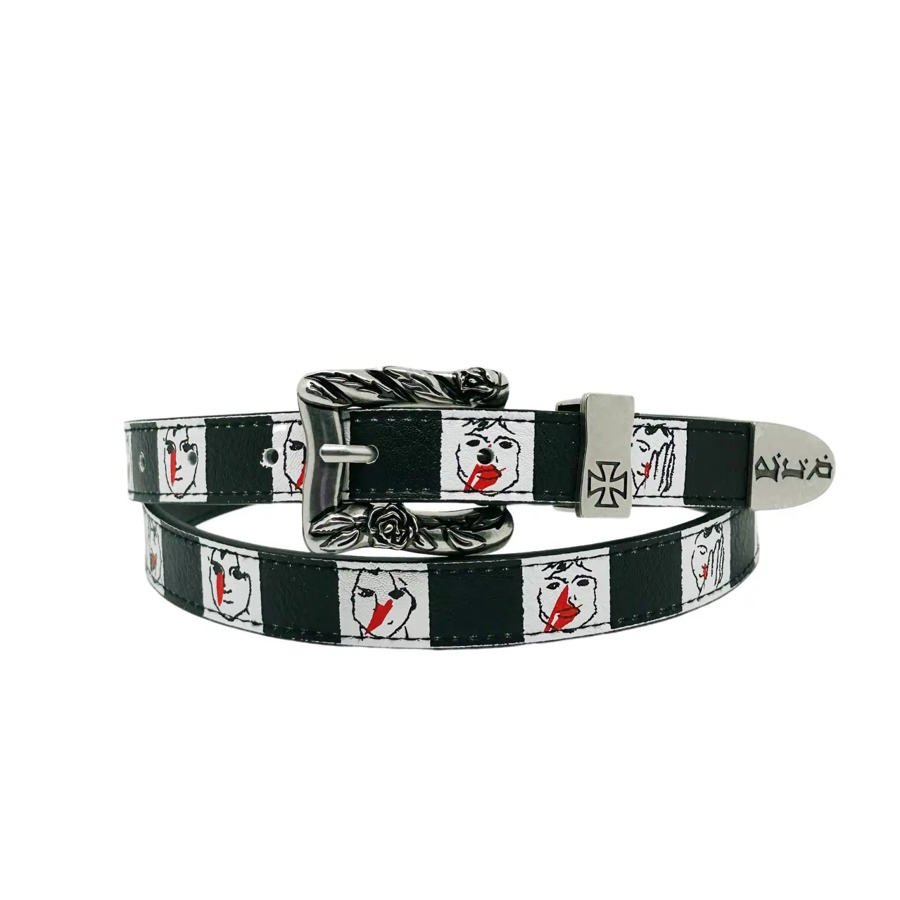 Trendy Street Style Checkered Belt with Graphic Character Print, Unisex Distressed Design for Casual Wear, Trendy Belt, Characters