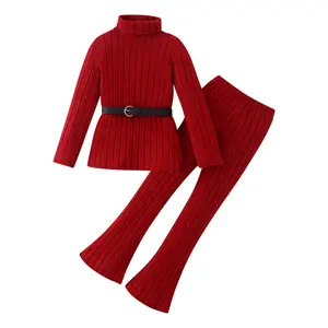 2-piece girls' autumn and winter fashion comfort suit 3-12-year-old children's rib knitted sweatshirt and bell bottoms