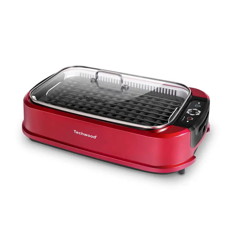 Techwood Indoor Smokeless Grill 1500W Electric BBQ with Temperature Control Korean Grill Removable Non-Stick Plates Tempered Glass Lid Red grill rack electric mini