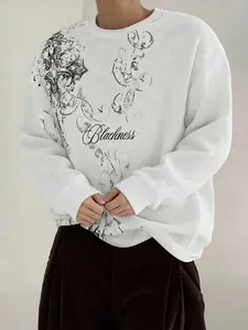 Men's Vintage Artistic Floral Print Textured Sweatshirt, Waffle Texture Fabric, Loose Fit, with Elegant Patterns and Letters