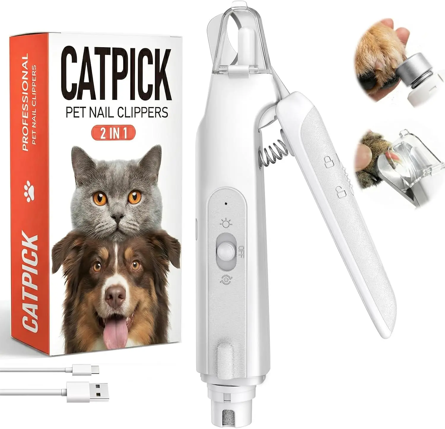 2-in-1 Dog & Cat Nail Clipper with Grinder - Dual Highlight LED to Reduce Over-Trimming, Long-Battery Cordless USB-C Rechargeable, Safety Lock, Catcher Cap, Quiet Home Grooming Tool for Small & Large Pets