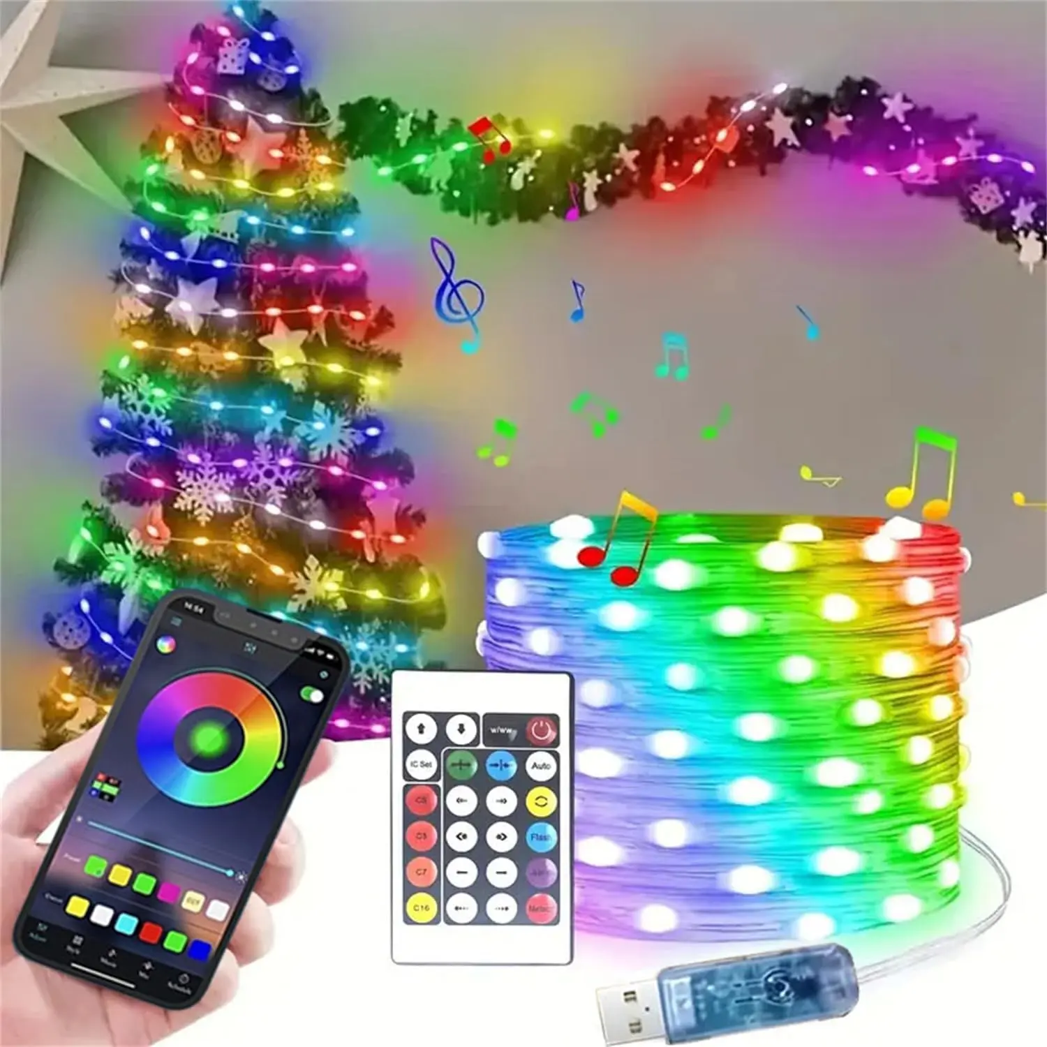 Smart 200 LED Fairy RGB String Lights, Waterproof, APP Control, Outdoor Indoor Christmas Tree Decor, DIY Color Changing, Sync Voice & Music, Dynamic Led Lights, RGB Led Effects