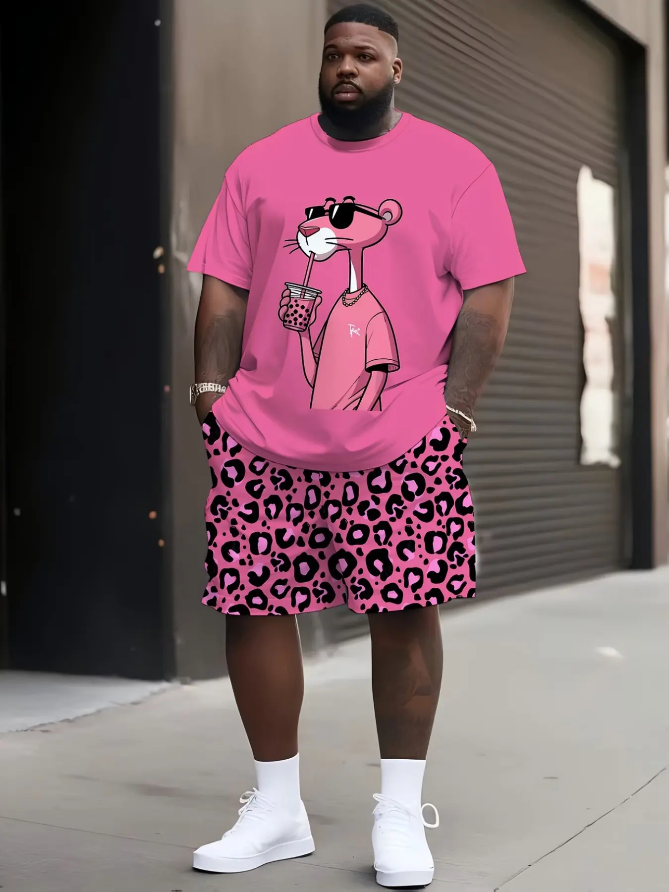 Men's Plus Size Menswear Casual Cartoon Mouse Print Matching Set, Short Sleeve Tee & Shorts, Loose Fit, Comfortable Daily Wear, Fun Fashion