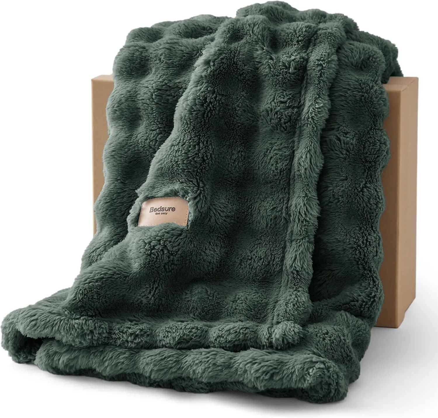 Bedsure Cloud Bubble Fleece Queen Blanket for Bed, Dark Green