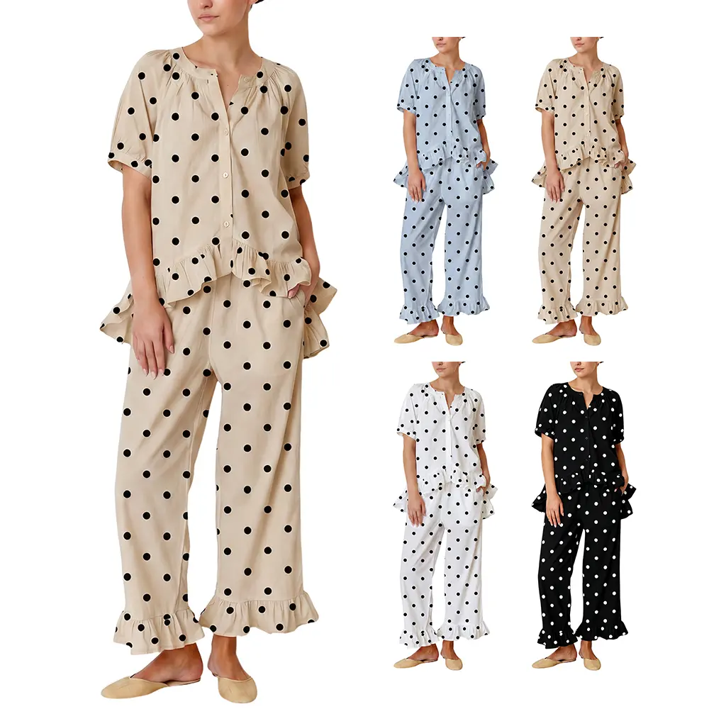 Arssm Women Polka Dot Set 2 Piece Pajamas Set Cotton Ruffle Babydoll Shirt and Pants Lounge Sets