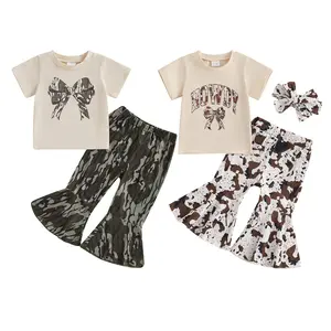 Toddler Baby Girl Hunting Camo Outfits Short Sleeve Bow T-shirt Camouflage Flared Pants Set Bow Bell Bottom Outfit