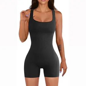 Women Yoga Rompers Workout Ribbed Square Neck Sleeveless Sport Romper