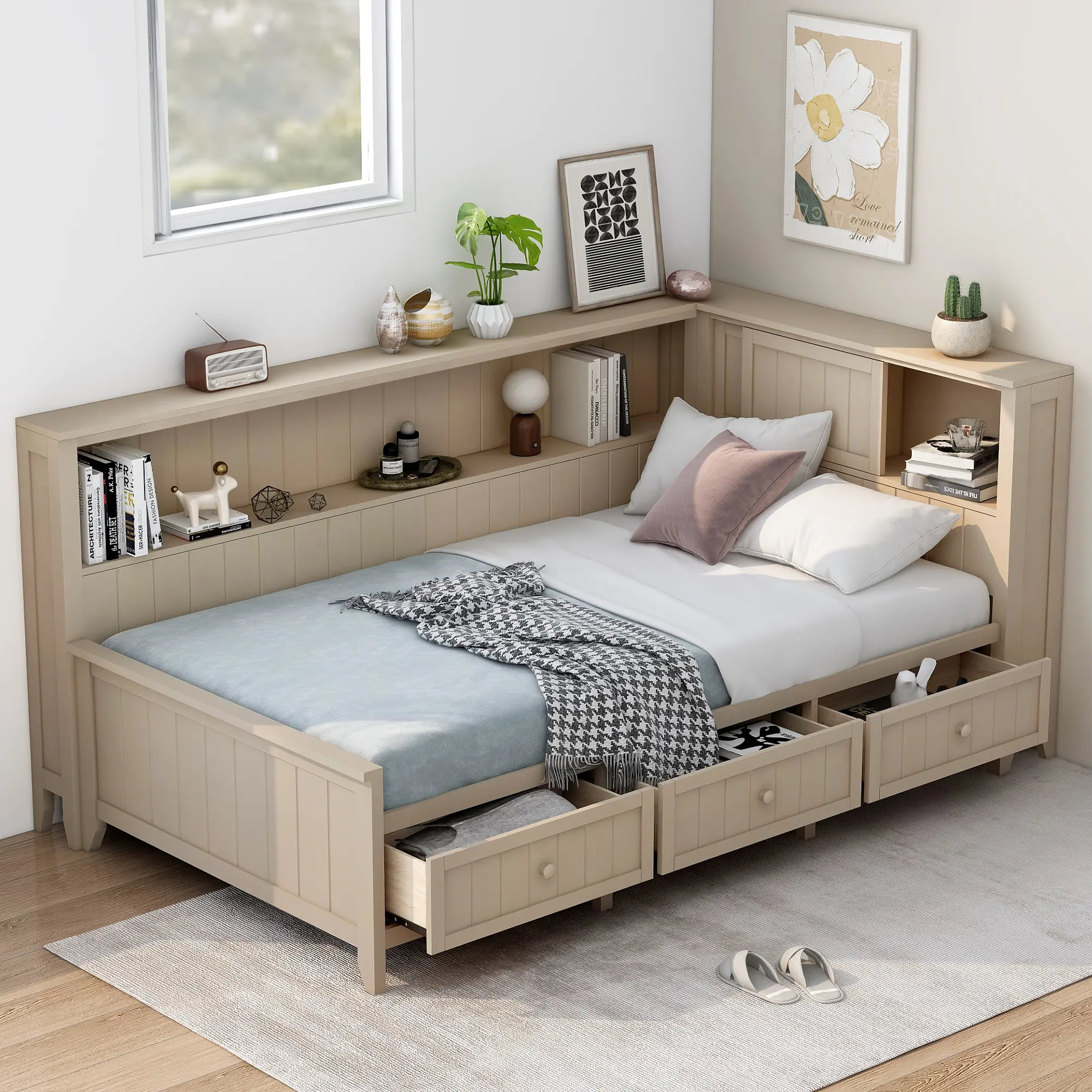 Twin/Full Size Wood Daybed with Storage Shelves and 3 Drawers, Antique White Milk