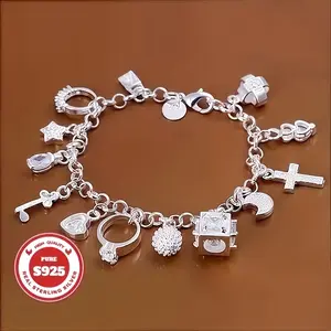 1 Piece Elegant 925 Sterling Silver Heart Key Pendant Bracelet, Women's Bracelet, 13 Small Pendants, Bohemian Style, Shiny Exquisite Silver, Women's Fashion Jewelry Accessories, Suitable for Wife, Girlfriend, Fashion Gift, Birthday Gift