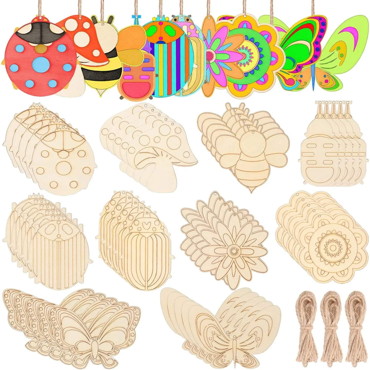 60 Pieces Paintable Natural Wood DIY Blank Unfinished Spring Ornaments - 8-Style Cutouts (Insect, Dragonfly, Butterfly, Snail, Watering Can, Mushroom, Flower) with 32.8 Ft Ropes for Holiday, Party DIY Hanging Crafts Decorations, Christmas