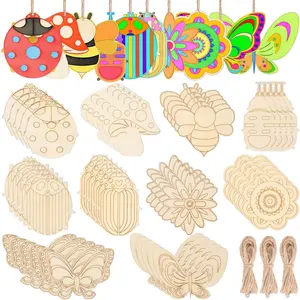 60PCS Wooden Spring Ornaments to Paint, 8 Styles DIY Blank Unfinished Wood Cutouts Ornament for Home Crafts Hanging Decorations, Insect Dragonfly Butterfly Snail Watering Can Mushroom Flower Shape