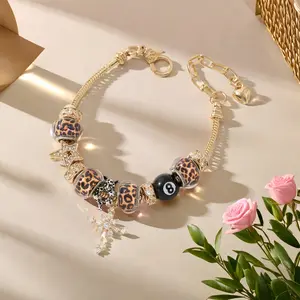 Cross Religious Bracelet Black 8 Leopard Print Pattern Through Hole Bead String Adjustable Removable DIY Hand Jewelry  Accessory