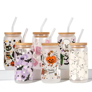 Halloween 16oz Glass Tumbler with Lid & Plastic and Glass Straws, Spooky Season