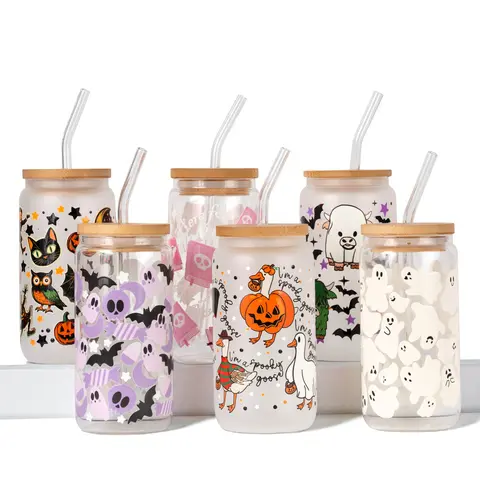 Halloween 16oz Glass Can Cup with Bamboo Lid & Straw, Spooky Gift for Her