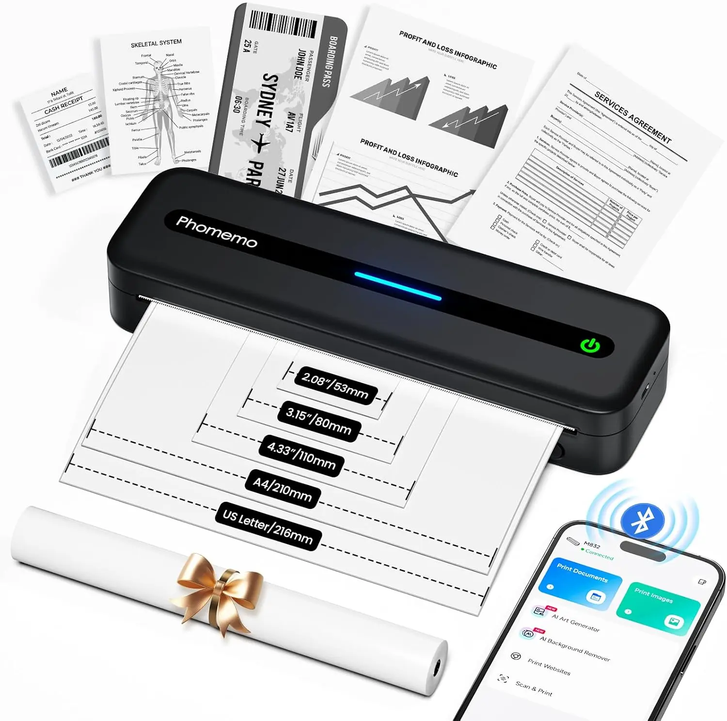 Phomemo M832 Portable 300DPI Thermal Printer with 100 Sheets US Letter Paper, Bluetooth Wireless Small Printer for Travel, Home SummerVibes & Office, Compatible with Android, iOS & Laptop, No Ink Required