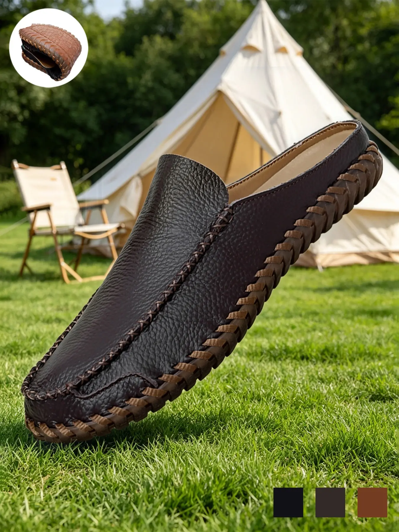 Men's Streetwear Mules Breathable Lightweight Whipstitch Cowhide Leather Backless Loafers Slip-On Flat Casual Shoes Minimalist Summer Black Brown Genuine Leather for Office Casual Wear Big Size11 12 13 14 15 Walking Shoes