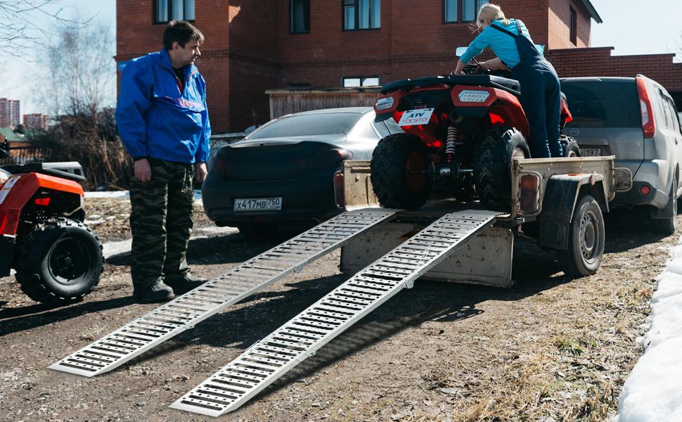 GARVEE 1500Lbs 2Pcs Tri-Fold Loading Ramps: Heavy Duty Steel Folding Ramps for ATV, UTV, Motorcycles, Lawn Mowers, Tractors, and Pickup Trucks - Durable Metal Construction, Silver Finish GARVEE 1500Lbs 2Pcs Tri-Fold Loading Ramps: Heavy Duty Steel Folding Ramps for ATV, UTV, Motorcycles, Lawn Mowers, Tractors, and Pickup Trucks - Durable Metal Construction, Silver Finish