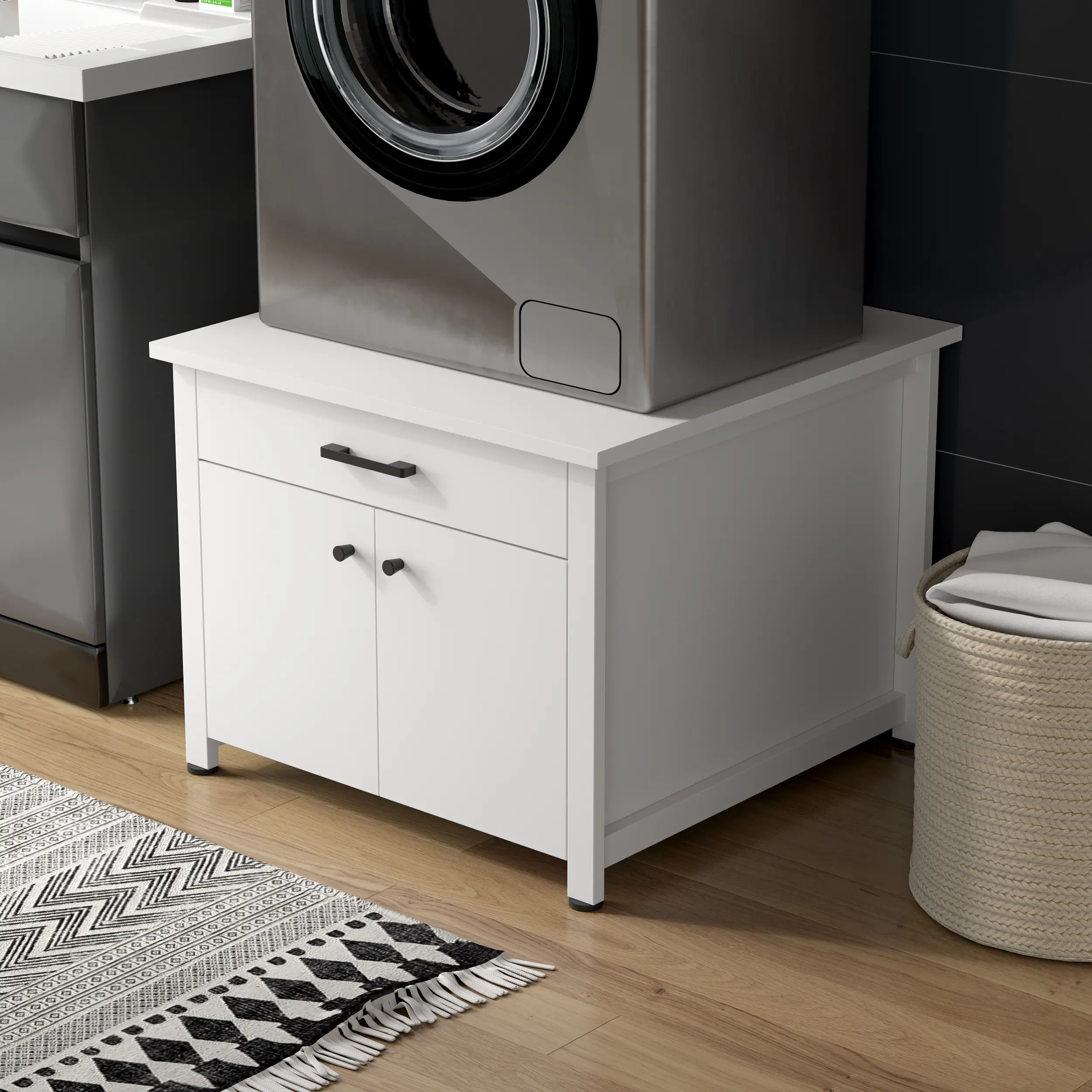 FUFU&GAGA 28.35in White Laundry Pedestal - Washer and Dryer Stand with Drawer, Cabinet and Storage