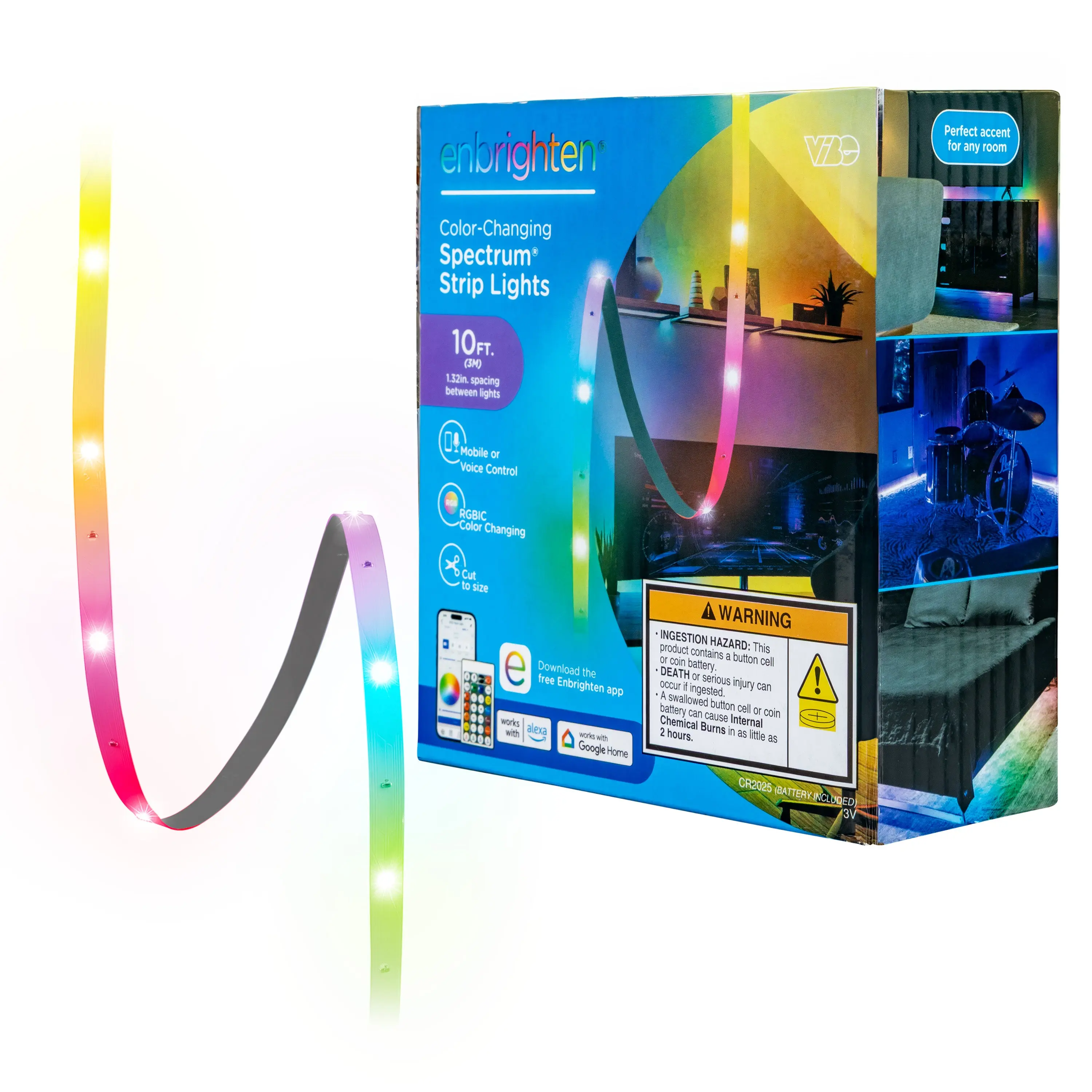 Enbrighten VIBE WiFi Spectrum Indoor Color-Changing LED Strip Lights, 10ft.