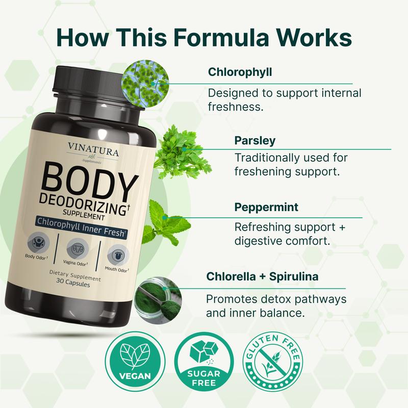 Body Deodorizing Supplement for Women - Magic Chlorophyll Pills for Body Odor Eliminator, it Works for Her Internal Deodorant, 30 Capsules