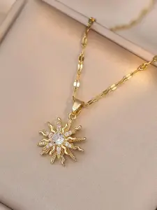 Vintage Copper Zircon Sun Totem Pendant Necklace, Sparkling CZ Necklace, Elegant Women's Daily Commute Party Jewelry, Perfect Gift for Her, Zircon Stones Necklace