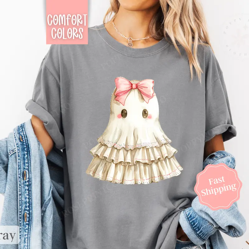 Cute Ghost Shirt Comfort Colors, Coquette Halloween Shirt, October Vibes Shirt for Women Oversized Crewneck Tee