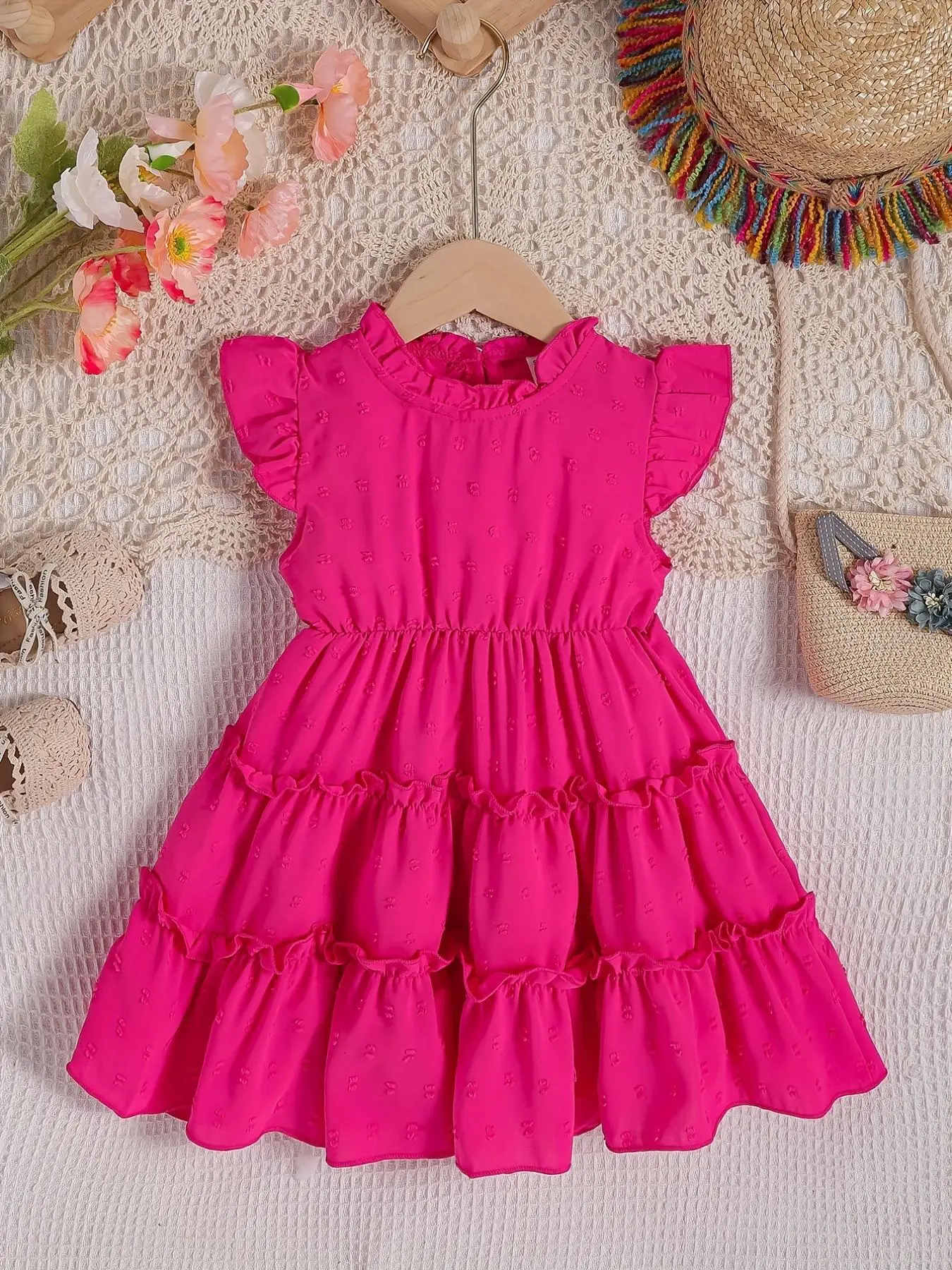 Toddler Girl's Solid Color Ruffle Trim Dress, Casual Cap Sleeveless Dress for Summer, Kids Clothes for Daily Wear, Princess Peach Poofy Dress, Solid C