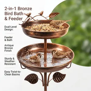 Outdoor 48-inch Vintage Freestanding Bird Bath + Feeder Ideal for Outdoor Garden Decor And Holiday Gifts Double-layer Iron Bowl Bird Bath for Easy Disassembly Sturdy Five-pronged Stake for Secure Anchoring