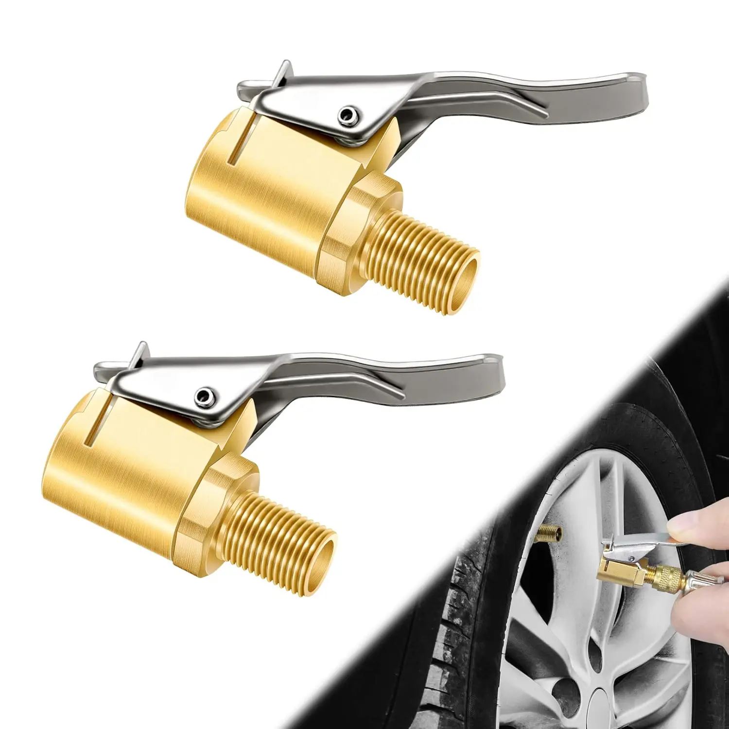 Tire Air Chuck with Clip Adapter,Brass Locking Tire Inflator Nozzle Adapter Connect, No Leakage Tire Chucks for Vehicle Inflator Compressor Pump Connect Accessories Tool 8mm 2Pack
