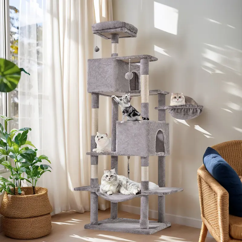 Sweetcrispy Multi-Level Fleece Faux Fur Sisal Cat Tree, Space-Saving Plush Climbing Shelf with Hanging Basket, Removable Hammock for Simple Washing, Pompoms, Memory Foam, Durable Sisal Posts, Wide Base Anti-Tipping Indoor Kitty Play & Sleep Condo