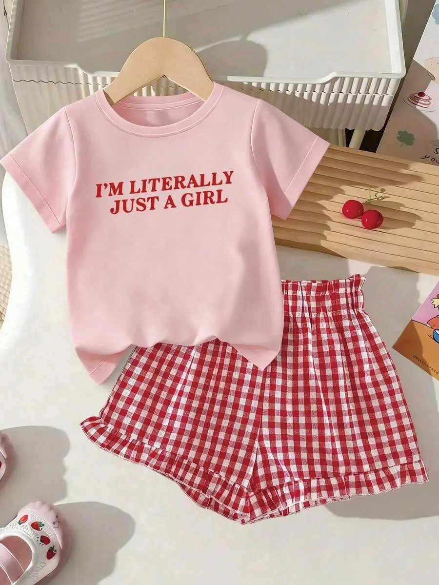 Teen Girls' 2-Piece Girlset, Graphic Bold Slogan Tee ("I’m Literally Just a Girl"), Crew Neck Polyester-Elastane Blend, Red Gingham Ruffle Shorts, Ages 4–16 Preppy Casual Wear with School-Ready Look & Feel, Preppy Casual Look Feels School-Ready, Viral Fun