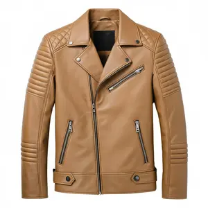 Men's Tan Biker Leather Jacket Quilted Moto Asymmetrical Zipper Slim Fit Menswear with Side Pockets