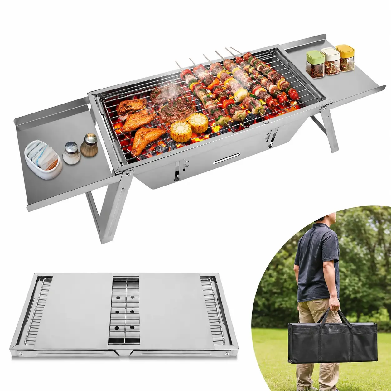 3-in-1 Foldable Stainless Steel Small Charcoal Grill - 2-3 People Portable Fire Pit, Slow Cooker for Outdoor Camping, Tailgating
