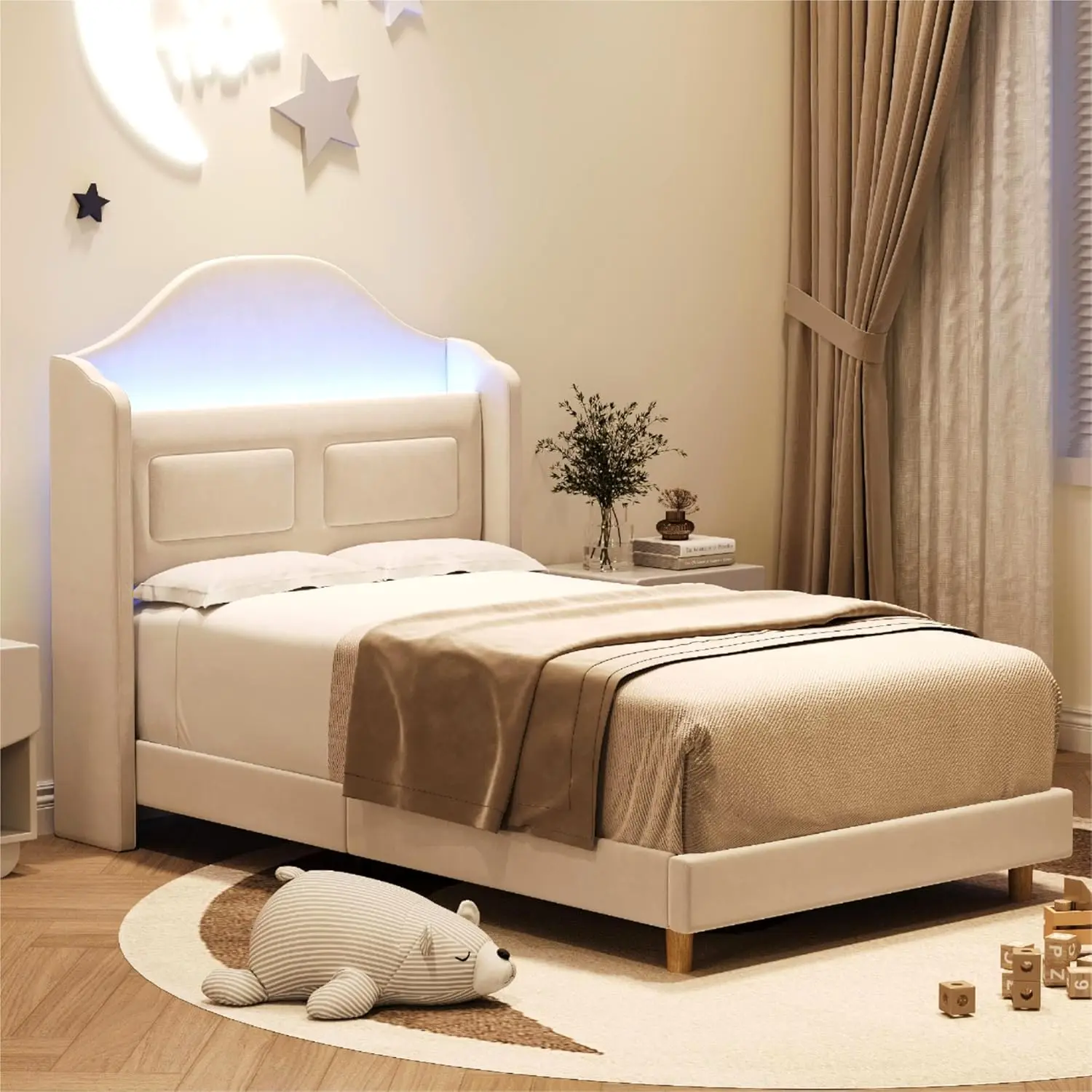 【Christmas Gift】38 Upholstered Twin Bed Frame with LED Lights Velvet Platform Bed Frame with Wing Back Storage Headboard Wood Slats Support No Box Spring Needed Easy Assembly Beige