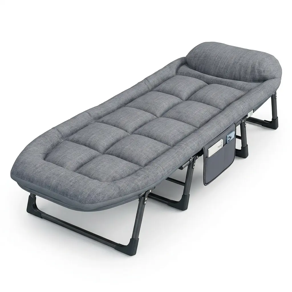 6-Position Adjustable Folding Bed with a Sturdy Steel Frame and a Soft Padded Mattress. Ideal for Quick Naps in the Office or Outdoor Camping, and Easy to Carry.
