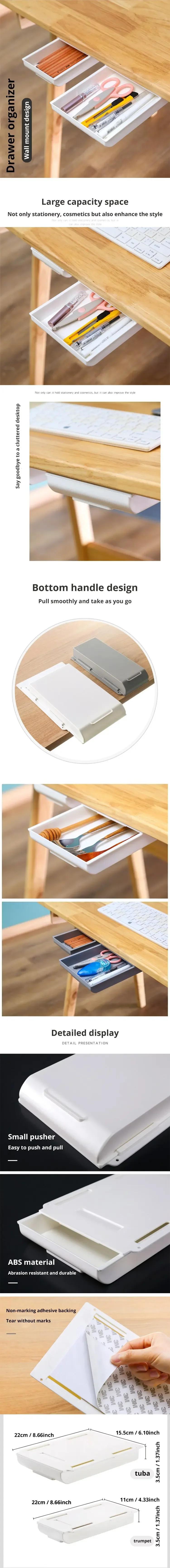 Self-Adhesive Under Desk Drawer Hidden Storage Box Pull-out Organizer For Office Stationery Makeup Pencil Tray Punch-free Holder