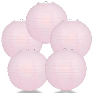 5-PACK 6" Pink Round Paper Lantern, Parallel Ribbing, Chinese Hanging Wedding & Party Decoration
