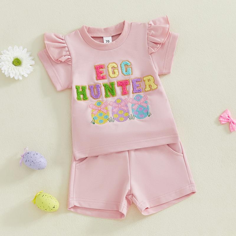 Toddler Baby Girl Easter Outfits Letter Embroidery Crew Neck Short Sleeve T-Shirt with Shorts 2 Pcs Set for Spring& Summer