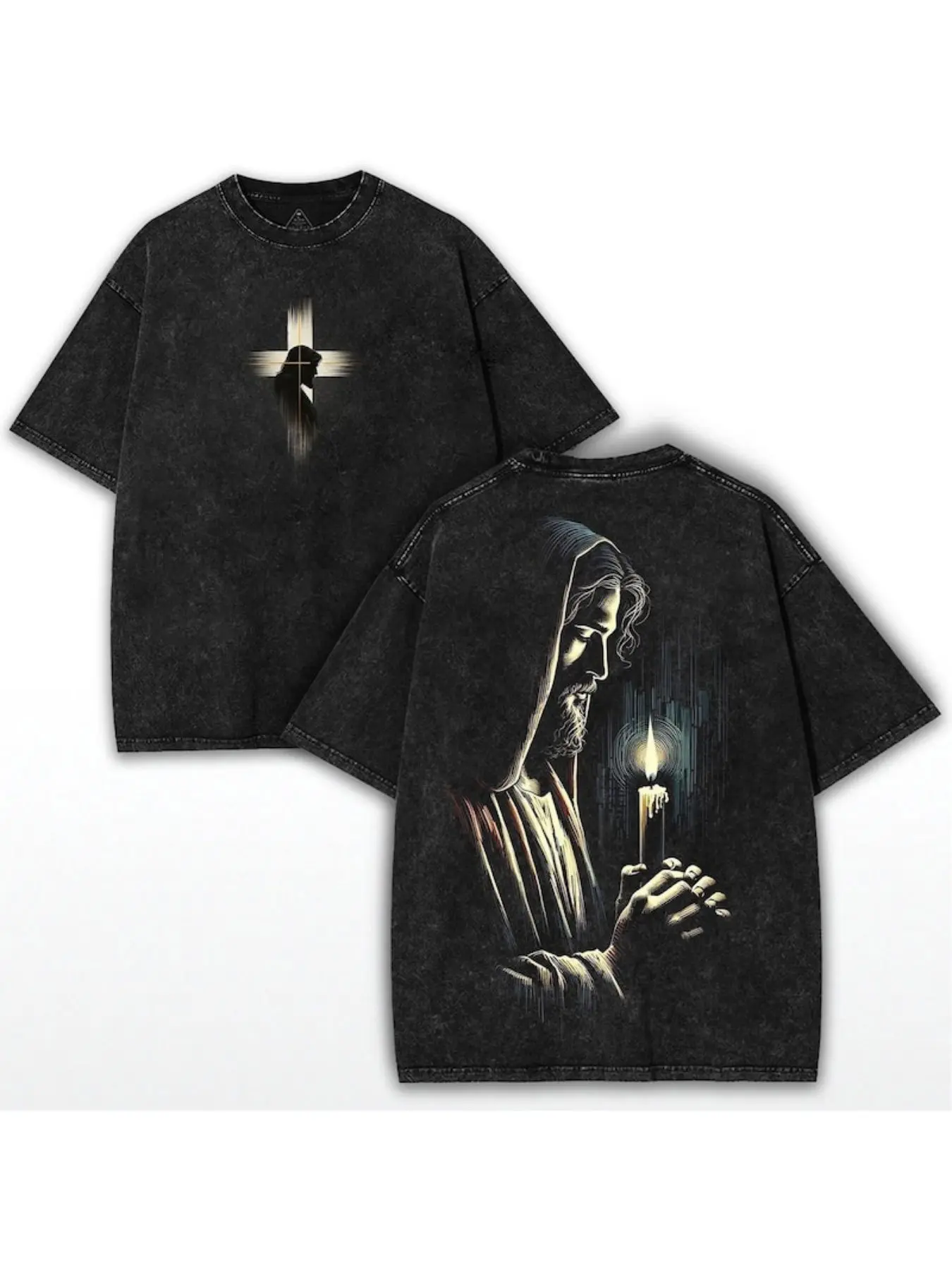 Men's 100% Cotton Distressed Vintage Streetwear T-Shirt - Round Crewneck, Short-Sleeve, Jesus Cross & Candlestick Print, Loose Breathable Fitted Heavy Casual Top, Machine-Washable, All-Season, Pure Cotton, Round Neck, Figure, Tshirt