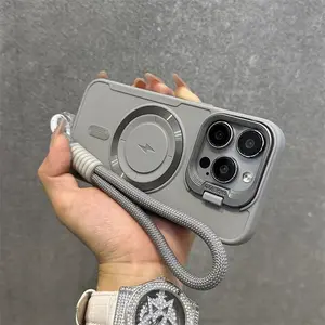 Luxury Flip Up Lens Holder Magnetic Protective Case Protector for iPhone 16 15 14 13 12 11 Pro Max 17 Plus Fashion Nylon Wristband Lanyard Soft Cover Protection