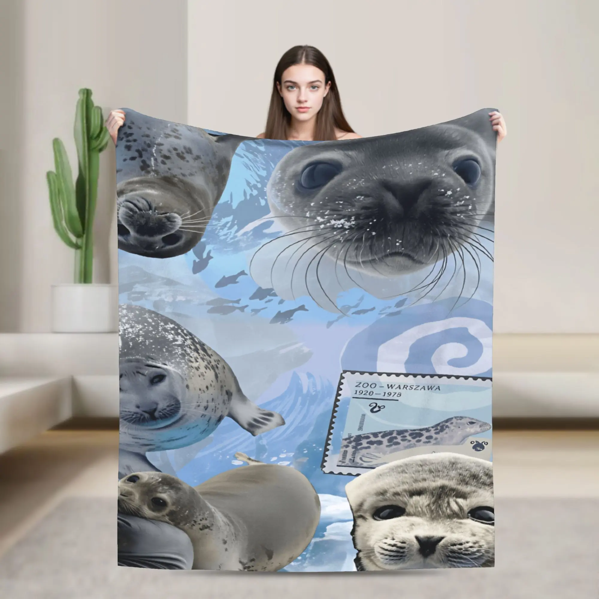 Cute Baby Seal Ocean Animal Blanket Kawaii Marine Life Flannel Fleece Throw Winter Soft Plush Warm Bedding Sofa Couch Aesthetic Kids Girls Bedroom Home Room Decoration