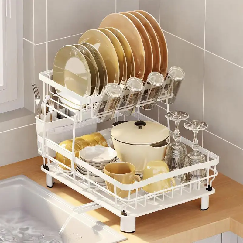 2-Layer Adjustable Dish Drying Rack with Drip Board - Rust-Resistant Metal Iron Construction, Automatic Drainage, No Tools Needed - Space-Saving Kitchen Counter Organizer for Plates, Bowls, Cups & Utensils - Efficient Kitchenware Storage Holder