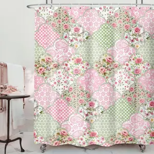 Rustic Patchwork Floral Shower Curtain Country Flower Bathroom Decor Vintage Cottagecore Bath Curtain Waterproof Polyester Shower Curtain for Bathroom