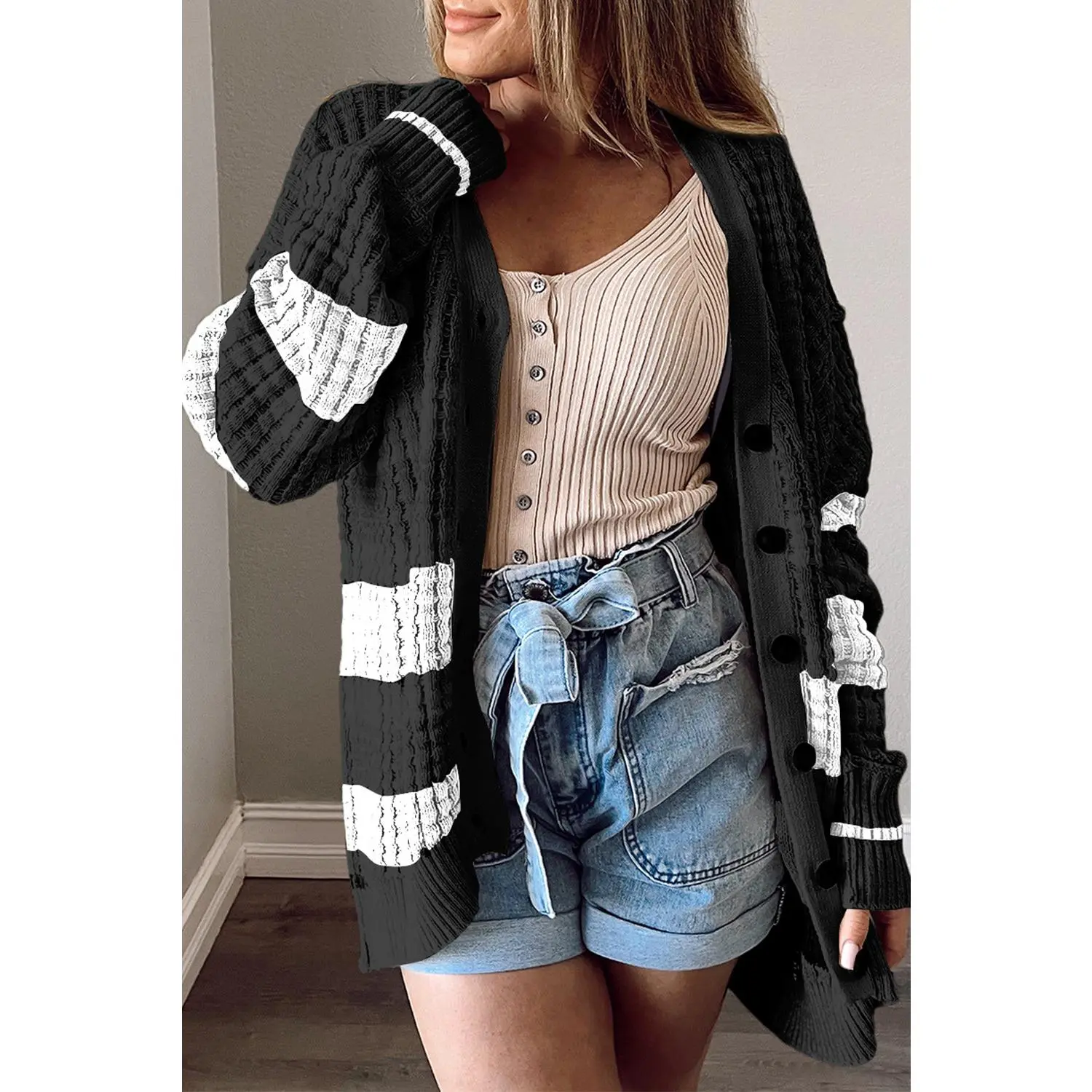 Black Colorblock Textured Knit Buttoned Cardigan