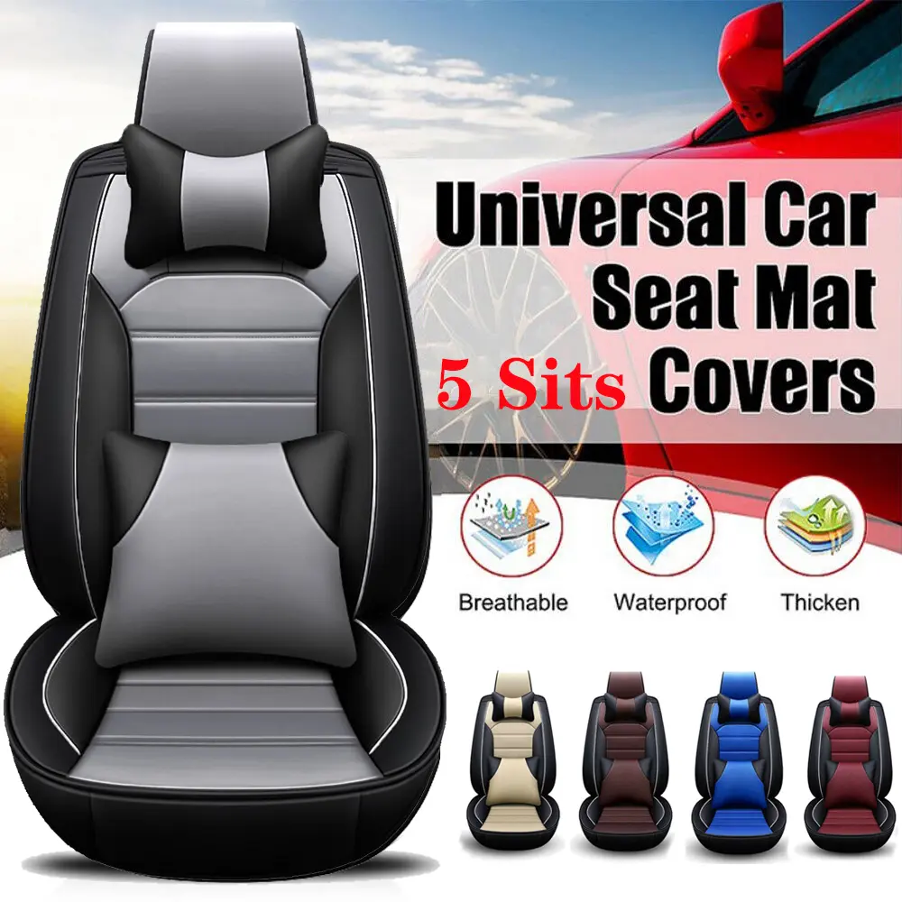 Waterproof 5 Seat Universal Seat Covers with 4 Pillows, 5D Luxury Faux Leather Front and Back Car Seat Protector Fit for Nissan /Honda /Civic /CRV /Hrv /Kia /Sorento /Toyota /Corolla /4Runner /Camry /Hyundai /Mazda