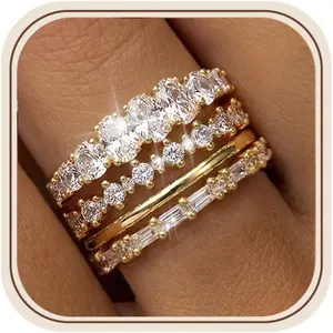 Gold Rings for Women Non Tarnish Dainty 14K Gold Plated Cubic Zirconia Wedding Bands Ring Set Minimalist Thumb Promise Engagement Eternity Ring Stack Gold Jewelry Size 6-10-USA